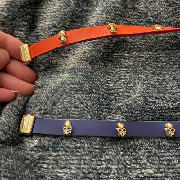 Two Leather Double Wrap Bracelets In Blue And Coral With Gold Tone Skull Studs - Picture 3 of 7